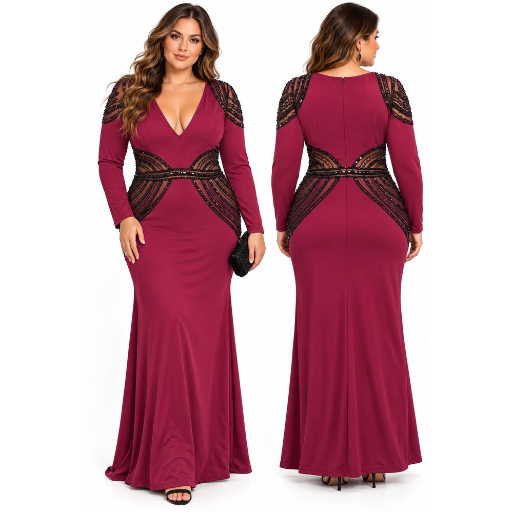 NWT Burgundy Black Beaded Maxi Dress 24 Whimsigoth Sheer Formal Evening Gown